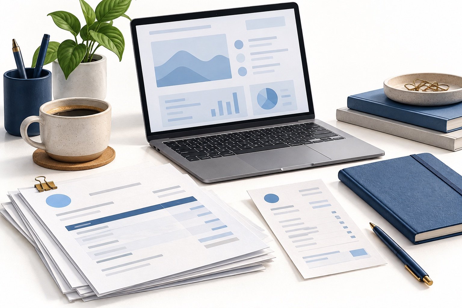Editorial illustration of a contractor's desk with blank invoices, a laptop, notebooks, and a separate payment record; no personal data.