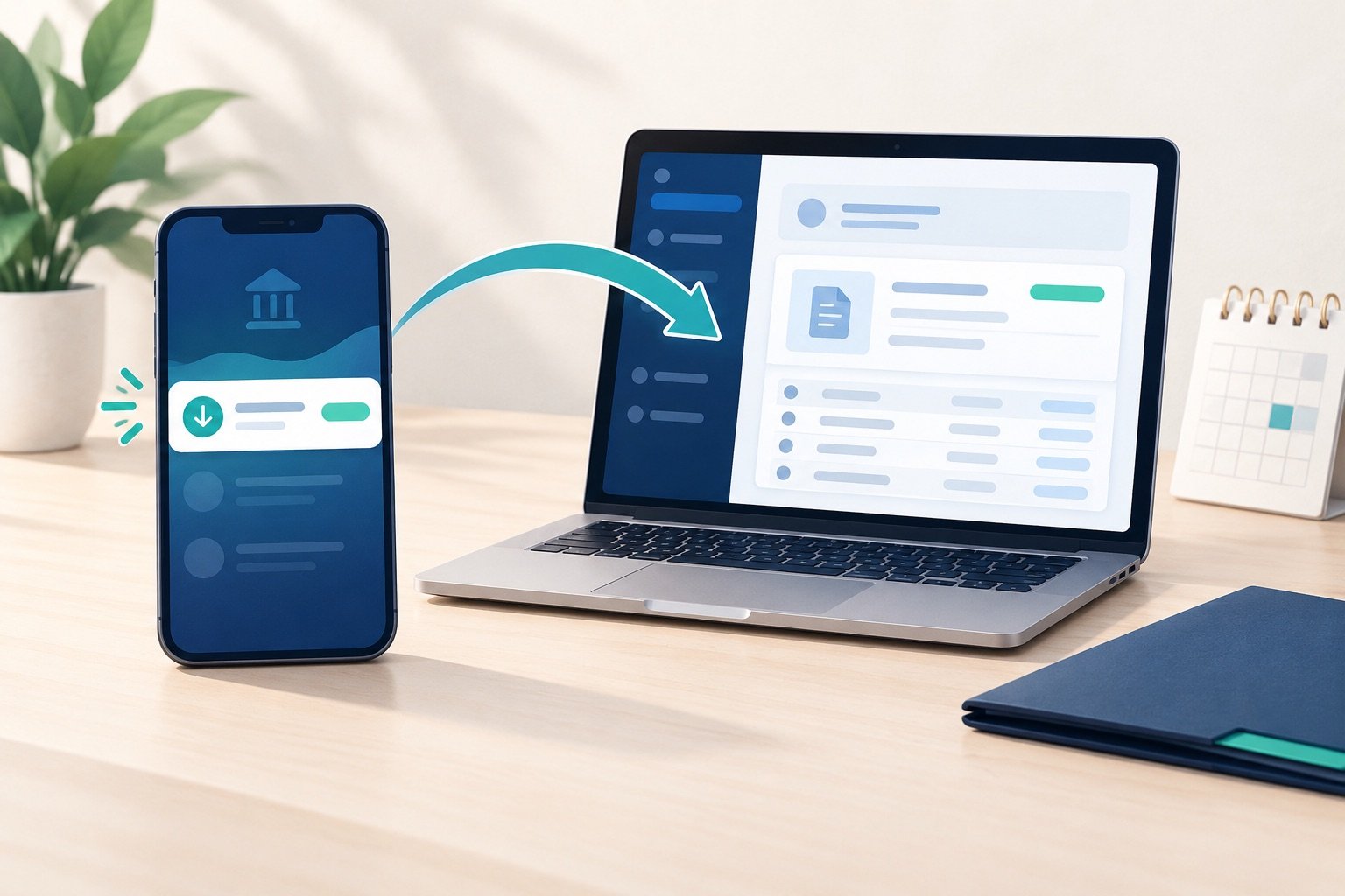 Editorial illustration of a deposit alert on a phone leading to an employer payroll portal on a laptop, with no personal or pay data.